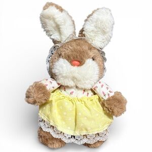 Vintage Playmakers Soft Toy Plush Bunny Rabbit Yellow Dress and Floral Bonnet